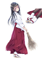 Rule 34 | 1girl, bad id, bad pixiv id, bamboo broom, black hair, black pantyhose, blush, broom, commentary request, feet, from behind, full body, hair ornament, hairclip, hakama, hip vent, holding, holding broom, japanese clothes, kimono, kobayashi chisato, long hair, long sleeves, looking at viewer, looking back, miko, multiple views, original, pantyhose, parted lips, purple eyes, red hakama, sitting, standing, tabi, white kimono, white pantyhose, wide sleeves