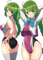 Rule 34 | 1girl, adapted costume, ahoge, aqua eyes, ass, blazer, braid, clothes pull, comala (komma la), competition swimsuit, cowboy shot, green hair, grey thighhighs, highres, jacket, kantai collection, long hair, looking at viewer, mole, mole under mouth, multicolored clothes, multicolored swimsuit, multiple views, one-piece swimsuit, one-piece swimsuit pull, simple background, single braid, swimsuit, thighhighs, very long hair, white background, yuugumo (kancolle)