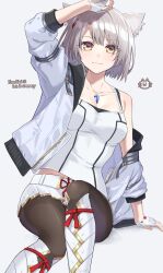 Rule 34 | 1girl, animal ears, breasts, camisole, cat ears, chest jewel, grey hair, highres, jacket, looking at viewer, mio (xenoblade), pantyhose, shinae, short hair, simple background, skirt, small breasts, smile, solo, tank top, white camisole, white jacket, white skirt, white tank top, xenoblade chronicles (series), xenoblade chronicles 3, yellow eyes