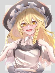 Rule 34 | 1girl, apron, black vest, blonde hair, blush, bow, braid, brown hat, collar, frills, grey background, hair between eyes, hands up, hat, highres, kirisame marisa, long hair, looking at viewer, open mouth, puffy short sleeves, puffy sleeves, shirt, short sleeves, single braid, smile, solo, touhou, tsune (tune), upper body, vest, white apron, white bow, white collar, white shirt, white sleeves, witch hat, yellow eyes