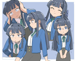 Rule 34 | 1girl, blue background, blue bow, blue eyes, blue hair, blue jacket, blunt bangs, blush, bow, breasts, closed eyes, closed mouth, clutching head, commentary request, double-parted bangs, expressions, from side, green ribbon, grey skirt, hair bow, hair intakes, half updo, hands on own head, idolmaster, idolmaster million live!, jacket, leaning forward, long hair, looking at viewer, mogami shizuka, motion lines, neck ribbon, parted lips, pout, ribbon, sanpaku, shirt, simple background, skirt, small breasts, smile, sweat, tearing up, trembling, tsubobot, v arms, variations, white shirt