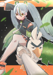 Rule 34 | 1girl, absurdres, black coat, closed mouth, coat, commentary, creatures (company), fighting miku (project voltage), fighting stance, food, game freak, gen 8 pokemon, grey hair, hatsune miku, highres, holding, holding food, holding spring onion, holding vegetable, kotomine hisui, light particles, long hair, long sleeves, looking at viewer, multicolored hair, necktie, nintendo, pokemon, pokemon (creature), project voltage, sirfetch&#039;d, spring onion, streaked hair, vegetable, vocaloid, white necktie, yellow eyes