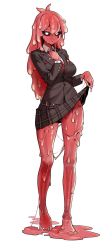 Rule 34 | 1girl, barefoot, black sclera, clothes lift, colored sclera, full body, highres, library of ruina, lobotomy corporation, long hair, looking at viewer, melting love, miniskirt, monster girl, necktie, project moon, school uniform, simple background, skirt, skirt lift, slime girl, solo, white background, white eyes, yaritoo
