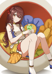 Rule 34 | 1girl, absurdres, blush, bow, breasts, brown hair, commentary request, deen (hnxp8555), food, full body, hair between eyes, hair bow, highres, holding, ice cream, ice cream float, idolmaster, idolmaster shiny colors, long hair, looking at viewer, medium breasts, melon soda, multicolored clothes, on pillow, osaki tenka, red bow, shirt, shoes, sitting, skirt, sleeveless, sleeveless shirt, smile, socks, solo, yellow eyes