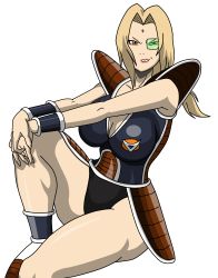 Rule 34 | 1girl, absurdres, armor, body armor, body switch, breasts, captain ginyu, cleavage, dragon ball, dragonball z, evil smile, ginyu1992, ginyu force, green-tinted eyewear, highres, long hair, looking at viewer, naruto (series), personality switch, red eyes, scouter, sitting, smile, tinted eyewear, tsunade (naruto)