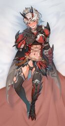 Rule 34 | 1girl, absurdres, armor, bed sheet, black panties, black thighhighs, blue eyes, blush, breasts, byefrog, cape, circlet, commission, corset, fangs, gauntlets, highres, large breasts, leg armor, long hair, lying, midriff, navel, on back, original, panties, scar, scar on face, scar on nose, shoulder armor, smile, solo, teeth, thighhighs, underwear, white hair