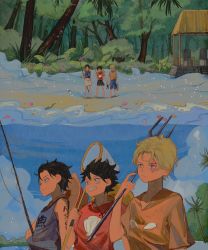 Rule 34 | 3boys, akihare, beach, black hair, blonde hair, brothers, butterfly net, fishing rod, grin, hand net, highres, island, male focus, monkey d. luffy, multiple boys, one piece, polearm, portgas d. ace, sabo (one piece), scar, scar across eye, scar on face, scenery, siblings, smile, standing, tattoo, trident, weapon