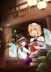 Rule 34 | 2girls, alternate costume, asymmetrical hair, bakeneko, blonde hair, book, book stack, brown hair, dress, fedora, from behind, hat, highres, holographic interface, holographic monitor, indoors, kaenbyou rin, kaenbyou rin (cat), leaf, maribel hearn, mob cap, multiple girls, multiple tails, occult ball, plant, purple dress, shirt, short hair, short sleeves, smile, suitcase, tail, touhou, two tails, usami renko, user crfm4734, white shirt, wooden wall