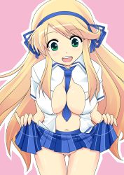 Rule 34 | 10s, 1girl, between breasts, blonde hair, blue necktie, blush, breasts, cleavage, clothes lift, gluteal fold, green eyes, hair ribbon, highres, katsuragi (senran kagura), kunisaki kei, large breasts, long hair, navel, necktie, necktie between breasts, no bra, no panties, open clothes, open mouth, open shirt, ribbon, school uniform, senran kagura, shirt, simple background, skirt, skirt lift, smile, solo, striped clothes, striped skirt, thigh gap, white background