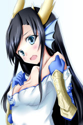 Rule 34 | 1girl, absurdres, black hair, blue eyes, blush, breasts, chinese clothes, cleavage, fins, head fins, highres, horns, karin (p&amp;d), long hair, minato yoshihiro, off shoulder, puzzle &amp; dragons, solo