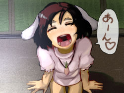 Rule 34 | 1girl, animal ears, bottomless, brown hair, rabbit ears, eyebrows, closed eyes, face, female focus, gozaemon, gyoza emon, inaba tewi, jewelry, necklace, open mouth, solo, touhou