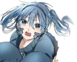 Rule 34 | 1girl, begging, blue eyes, blue hair, blue jacket, collarbone, ene (kagerou project), hair between eyes, headphones, jacket, kagebaka, kagerou project, looking at viewer, mekakucity actors, open mouth, short twintails, simple background, skirt, teeth, twintails, white background, zipper pull tab
