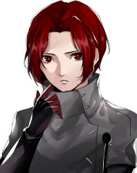 Rule 34 | 1boy, absurdres, black gloves, forehead, gloves, grey jacket, highres, jacket, looking at viewer, male focus, parted bangs, parted lips, persona, persona 5, persona 5: the phantom x, pertex 777, red eyes, red gloves, red hair, short hair, simple background, solo, two-tone gloves, white background, wonder (p5x)