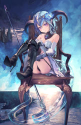 Rule 34 | 1girl, absurdres, black panties, blue hair, boots, castle, chair, dress, elbow gloves, female focus, gloves, high heels, highres, horns, huge filesize, light smile, maronmokaet, original, panties, pink eyes, pointy ears, polearm, sitting, solo, strapless, tail, thigh boots, thighhighs, underwear, weapon