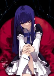 Rule 34 | 1girl, commentary, commentary request, commission, dress, empty eyes, english commentary, evil smile, frederica bernkastel, frilled dress, frills, hands on own knees, highres, long bangs, long hair, menea, mixed-language commentary, purple eyes, purple hair, signature, sitting, skeb commission, smile, solo, umineko no naku koro ni