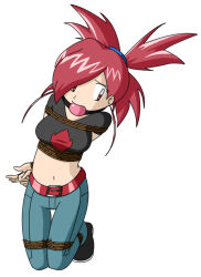 arms_behind_back ball_gag bdsm belly bondage bound creatures_(company) flannery_(pokemon) gag gagged game_freak looking_to_the_side midriff nintendo pokemon pokemon_(anime) pokemon_rse_(anime) raya100 tied_up_(nonsexual) worried