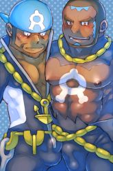Rule 34 | 2boys, abs, anchor necklace, archie (pokemon), bandana, bara, beard, black hair, blue bandana, blue bodysuit, blush, bodysuit, bulge, bulge press, bulges touching, buzz cut, creatures (company), dark-skinned male, dark skin, diving suit, erection, erection under clothes, facial hair, feet out of frame, game freak, jewelry, large pectorals, long sleeves, male focus, matt (pokemon), mature male, multiple boys, muscular, muscular male, mustache, necklace, nintendo, nipples, pectorals, pokemon, pokemon rse, short hair, sideburns, smile, stomach, topless male, torn bodysuit, torn clothes, very short hair, wetsuit, yaoi, yunosuke