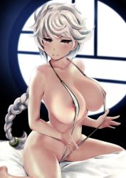 Rule 34 | 1girl, absurdres, asymmetrical hair, bare arms, bare legs, bare shoulders, barefoot, blurry, blurry background, blush, braid, breasts, brown eyes, collarbone, depth of field, groin, hair ornament, highres, indoors, kantai collection, large breasts, long hair, looking at viewer, navel, nipple slip, nipples, on bed, one-piece swimsuit, pussy, pussy peek, revealing clothes, silver one-piece swimsuit, single braid, sitting, slingshot swimsuit, smile, solo, stomach, strap lift, strap pull, swimsuit, swimsuit tug, thighs, unryuu (kancolle), very long hair, wa (genryusui), wariza, white hair, white one-piece swimsuit, yellow eyes