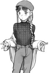 Rule 34 | 1girl, :o, blush, braid, contrapposto, earrings, eyewear on head, greyscale, haguhagu (rinjuu circus), hair over shoulder, heart, heart earrings, highres, jacket, jacket partially removed, jewelry, long hair, long sleeves, looking at viewer, monochrome, multiple rings, necklace, nipples, off shoulder, original, pants, parted lips, petite, ring, sasha (haguhagu), see-through, see-through shirt, simple background, solo, stomach day, sunglasses, very long hair, white background