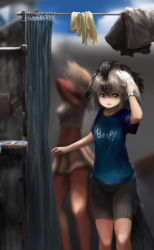 Rule 34 | 10s, 2girls, :d, animal ears, arm up, bare arms, bare legs, bike shorts, bird tail, black hair, blurry, blurry background, clothes writing, commentary request, cowboy shot, coyote (kemono friends), crop top, dark-skinned female, dark skin, day, drying, drying hair, ghost (reaperghost), greater roadrunner (kemono friends), grey hair, hair between eyes, hand on own head, hand up, jacket, unworn jacket, kemono friends, light brown hair, long hair, looking at viewer, medium hair, midriff, multicolored hair, multiple girls, open mouth, outdoors, shirt, short sleeves, shorts, shower (place), shower curtain, showering, skirt, smile, solo focus, standing, stomach, tail, towel, towel on head, two-tone hair, water, white hair, wolf ears, yellow eyes