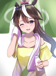 Rule 34 | 1girl, ;d, animal ears, bare shoulders, bottle, brown hair, collarbone, commentary request, hair between eyes, hair ribbon, hand up, high ponytail, highres, holding, holding bottle, horse ears, long hair, looking at viewer, milk bottle, multicolored hair, natsuki (natukituki), off-shoulder shirt, off shoulder, one eye closed, open mouth, pink ribbon, ponytail, purple eyes, ribbon, shirt, short sleeves, smile, solo, streaked hair, striped clothes, striped shirt, tokai teio (umamusume), towel, towel around neck, umamusume, upper body, very long hair, white hair, wide sleeves, yellow shirt
