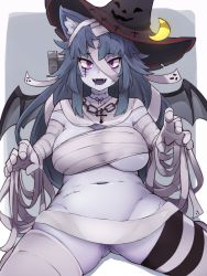 Rule 34 | 1girl, animal ears, bandages, breasts, chain, colored skin, cowboy shot, crescent, crescent hat ornament, cross, demon wings, fangs, fluffy, fusion, grey hair, grey skin, halloween, hat, hat ornament, highres, large breasts, long hair, looking at viewer, mummy costume, navel, object through head, open mouth, original, pink eyes, sarashi, screw in head, smile, solo, stitched neck, stitches, underboob, werewolf, wings, witch hat, wolf ears, yonaga san