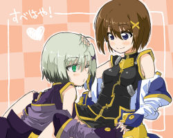 Rule 34 | 2girls, blush, breasts, brown hair, green eyes, holding hands, heart, highres, hundredburger, lyrical nanoha, mahou shoujo lyrical nanoha, mahou shoujo lyrical nanoha a&#039;s, mahou shoujo lyrical nanoha a&#039;s portable: the battle of aces, lord dearche, medium breasts, multiple girls, one eye closed, short hair, smile, wink, yagami hayate, yuri
