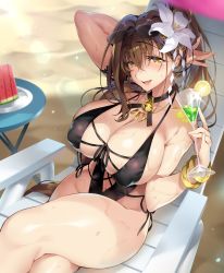 Rule 34 | 1girl, absurdres, arm up, bad id, bad twitter id, bangle, beach, bell, black one-piece swimsuit, blush, bracelet, breasts, brown eyes, brown hair, chair, covered erect nipples, crossed bangs, crossed legs, cup, day, eyewear on head, flower, food, fruit, hair between eyes, hair flower, hair ornament, highres, holding, holding cup, jewelry, jingle bell, kanpani girls, large breasts, long hair, looking at viewer, lounge chair, mole, mole under eye, neck bell, necklace, one-piece swimsuit, open mouth, outdoors, ponytail, sand, senri gan, shirayuri sakura, sidelocks, skindentation, solo, sunglasses, swimsuit, very long hair, watermelon, wet