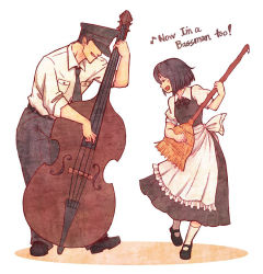 Rule 34 | 1boy, 1girl, apron, black hair, broom, double bass, english text, closed eyes, hat, instrument, maid, maid apron, mary janes, musical note, necktie, original, playing instrument, shoes, short hair, smile, terrajin, traditional media, uniform, waist apron, white legwear