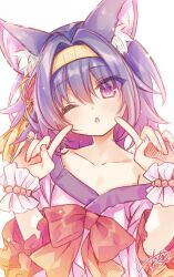 Rule 34 | 1girl, ;o, amatsuji, animal ear fluff, animal ears, bare shoulders, blue hair, blush, bow, collarbone, commentary request, eyes visible through hair, fox ears, fox girl, frilled wrist cuffs, frills, gradient hair, hair between eyes, hair intakes, hairband, hands up, hatsuse izuna, head tilt, highres, index fingers raised, looking at viewer, medium hair, multicolored hair, no game no life, one eye closed, open mouth, purple eyes, purple hair, red bow, signature, simple background, solo, upper body, white background, wrist cuffs, yellow hairband