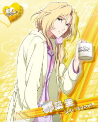 Rule 34 | 1boy, blonde hair, buttons, card (medium), character name, closed mouth, cup, fingernails, green eyes, holding, holding cup, idolmaster, idolmaster side-m, long hair, male focus, official art, pajamas, solo, tsuzuki kei, yellow background