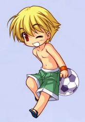 Rule 34 | 1boy, ball, black (artist), blonde hair, chibi, child, child gilgamesh (fate), cropped, fate/hollow ataraxia, fate/stay night, fate (series), gilgamesh (fate), male focus, one eye closed, open mouth, red eyes, sandals, short hair, shorts, smile, soccer ball, solo, takeuchi takashi, topless male, wink