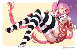 Rule 34 | 1girl, artist name, ass, crossed legs, full body, gintsu, holding, holding umbrella, huge ass, long hair, looking at viewer, miniskirt, naughty face, one eye closed, one piece, panties, parted lips, perona, pink hair, red skirt, shirt, skirt, smile, solo, standing, striped clothes, striped panties, striped thighhighs, thighhighs, thong, tongue, tongue out, twintails, umbrella, underwear, very long hair, white panties, white shirt, wide hips, wink