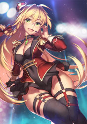 Rule 34 | 1girl, :d, black leotard, black thighhighs, blonde hair, blush, braid, breasts, choker, cleavage, commentary request, crown, fate/grand order, fate (series), garter belt, glasses, green eyes, headset, leotard, long hair, long sleeves, looking at viewer, medium breasts, nero claudius (fate), nero claudius (fate) (all), nero claudius (fate/extra), nero claudius (return match) (fate), official alternate costume, open mouth, rotix, single braid, smile, solo, thighhighs, very long hair