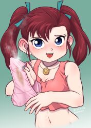 Rule 34 | 1girl, artist name, bakusou kyoudai let&#039;s &amp; go!!, blue eyes, blush, breasts, brown hair, cleavage, highres, holding, holding clothes, holding panties, holding underwear, looking at viewer, midriff, naughty face, navel, oogami marina, open mouth, panties, presenting, presenting removed panties, small breasts, smell, smile, solo, stained panties, stray pubic hair, tank top, twintails, underwear, unworn panties