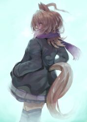 Rule 34 | 1girl, absurdres, agnes tachyon (umamusume), ahoge, animal ears, black coat, blush, brown hair, clothing cutout, coat, commentary request, covered mouth, cowboy shot, earrings, enpera, hands in pockets, highres, horse ears, horse girl, horse tail, jewelry, looking at viewer, medium hair, messy hair, open clothes, open coat, pleated skirt, purple scarf, purple thighhighs, red eyes, scarf, scarf over mouth, single earring, skirt, solo, tail, tail through clothes, thighhighs, tonariuta, umamusume, visible air, winter clothes, winter coat, zettai ryouiki