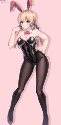 Rule 34 | 1girl, absurdres, alternate costume, anchor hair ornament, aqua eyes, armpits, black leotard, black pantyhose, blonde hair, blush, breasts, cleavage, closed mouth, contrapposto, detached collar, full body, gluteal fold, hair between eyes, hair ornament, highleg, highleg leotard, highres, kagi f, kantai collection, leotard, looking at viewer, low twintails, medium breasts, neck ribbon, pantyhose, playboy bunny, prinz eugen (kancolle), rabbit girl, red ribbon, ribbon, smile, solo, standing, twintails