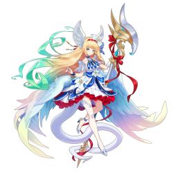 Rule 34 | 1girl, angel wings, armor, blonde hair, blue dress, blue eyes, cygames, detached sleeves, dragalia lost, dress, flower, full body, gradient hair, high heels, holding, holding weapon, jeanne d&#039;arc (dragalia lost), multicolored hair, nail polish, nintendo, non-web source, official art, saitou naoki, shoulder armor, tail, thighhighs, transparent background, weapon, wings