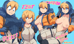 Rule 34 | 1girl, absurdres, animification, apex legends, blonde hair, blue background, blue eyes, breasts, breasts apart, covered erect nipples, curtain call challenge (meme), english text, highres, inker comics, medium breasts, meme, multiple views, nipples, one eye closed, open clothes, short hair, simple background, smile, wattson (apex legends)