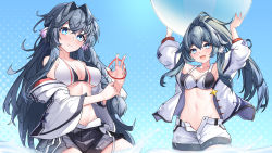 Rule 34 | 2girls, :d, absurdres, arknights, arms up, astesia (arknights), astgenne (arknights), ball, bare shoulders, beachball, bikini, blue background, blue eyes, blue hair, chinese commentary, collarbone, commentary request, cowboy shot, ddddecade, fang, grey shorts, hair between eyes, hair intakes, hair tie, head tilt, highres, holding, holding ball, jacket, long hair, long sleeves, looking at viewer, multiple girls, navel, off shoulder, open clothes, open fly, open jacket, open mouth, short shorts, shorts, siblings, sisters, skin fang, smile, standing, stomach, swimsuit, very long hair, white bikini, white jacket, white shorts