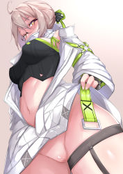 Rule 34 | 1girl, ahoge, artoria pendragon (fate), bare shoulders, black shirt, blonde hair, blush, braid, breasts, cleft of venus, fate/grand order, fate (series), french braid, glasses, hair between eyes, hair bun, highres, jacket, large breasts, long hair, long sleeves, looking at viewer, mysterious idol x alter (fate), navel, no panties, off shoulder, pussy, shirt, sidelocks, single hair bun, sitting, solo, thighs, white jacket, yellow eyes, zuo wei er