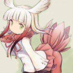 Rule 34 | 10s, 1girl, ass, female focus, gradient hair, grey hair, japanese crested ibis (kemono friends), kemono friends, multicolored hair, pantyhose, red hair, red pantyhose, skirt, solo, tail, yellow eyes, yoshi (crossmind)