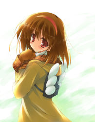 Rule 34 | 1girl, :o, backlighting, backpack, bag, blush, brown hair, coat, from side, hairband, hands on own chest, kanon, long sleeves, looking at viewer, mittens, munyuu, parted lips, plaid, red eyes, solo, tsukimiya ayu, turtleneck, wings