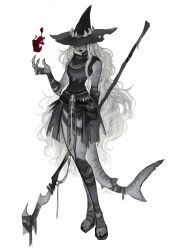 Rule 34 | 1girl, absurdres, bandaged arm, bandaged hand, bandaged wrists, bandages, black lips, blood, closed mouth, colored skin, contrapposto, curly hair, fewer digits, fins, fish tail, full body, grey hair, grey skin, hand up, hat, hemokinesis, highres, holding, holding staff, lipstick, long hair, makeup, matilda fiship, original, shark girl, shark tail, signature, simple background, solo, staff, tail, toeless footwear, very long hair, white background, witch hat, wrist wrap