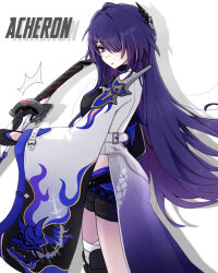 Rule 34 | 1girl, absurdres, acheron (honkai: star rail), bandaged leg, bandages, black shorts, character name, coat, commentary, cowboy shot, hair over one eye, highres, honkai: star rail, honkai (series), long hair, long sleeves, looking at viewer, midriff, purple eyes, purple hair, shorts, simple background, solo, sosa (user dtsg8827), standing, very long hair, white background, white coat, wide sleeves