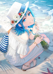 Rule 34 | 1girl, animal, bag, beach, blue eyes, blue hair, blue nails, commentary, crab, dress, flower, from above, from behind, grin, hat, hat flower, highres, holding, hyuuga azuri, looking at viewer, looking up, nail polish, off-shoulder dress, off shoulder, original, red flower, sand, sandals, seashell, shell, short sleeves, smile, solo, squatting, starfish, symbol-only commentary, toenail polish, toenails, water, white dress, white flower, white footwear, white hat