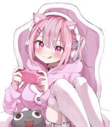 Rule 34 | 1girl, :q, animal ear fluff, animal ears, blue hair, blush, breasts, cat ears, closed mouth, controller, game controller, garter straps, headphones, highres, holding, holding controller, holding game controller, hololive, hood, hoodie, implied extra ears, knees up, large breasts, looking at viewer, minato aqua, multicolored hair, neko (minato aqua), pink hair, pink hoodie, purple eyes, satsukl 5, short hair, sitting, smile, solo, streaked hair, thighhighs, tongue, tongue out, virtual youtuber, white thighhighs