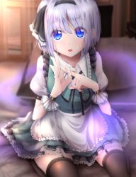 Rule 34 | 1girl, :o, alternate costume, apron, black hairband, black ribbon, black thighhighs, blue eyes, blurry, blurry background, commentary request, dress, enmaided, evandragon, frilled apron, frilled shirt collar, frills, garter straps, green dress, hair ribbon, hairband, hands up, highres, hitodama, indoors, konpaku youmu, konpaku youmu (ghost), looking at viewer, maid, maid apron, neck ribbon, open mouth, penetration gesture, petticoat, puffy short sleeves, puffy sleeves, ribbon, seiza, shirt, short dress, short hair, short sleeves, silver hair, sitting, solo, thighhighs, thighs, touhou, waist apron, white apron, white shirt, wrist cuffs, zettai ryouiki