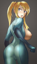 Rule 34 | 1girl, ass, blonde hair, blue eyes, bodysuit, breasts, clenched hand, covered erect nipples, eyebrows, from behind, grey background, large breasts, long hair, long image, looking back, madkaiser, metroid, nintendo, nipples, open mouth, ponytail, samus aran, sideboob, simple background, skin tight, solo, tall image, third-party edit, zero suit