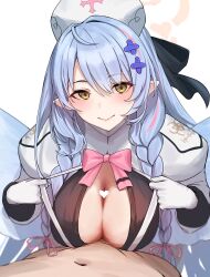 Rule 34 | 1boy, 1girl, absurdres, ahoge, assertive female, blue archive, blush, braid, breasts, breasts squeezed together, censored, cleavage, closed mouth, gloves, hair between eyes, hair ornament, hat, heart, heart censor, hetero, highres, large breasts, long hair, looking at viewer, mine (blue archive), paid reward available, paizuri, penis, pointy ears, pov, putama, smile, solo focus, twin braids, yellow eyes